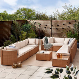 Furniturebox Orlando Beige Rattan Garden Sofa, Modular Outdoor Patio Garden Sofa, Table & 10 Chairs Garden Corner Sofa Set + Cover - thumbnail 1