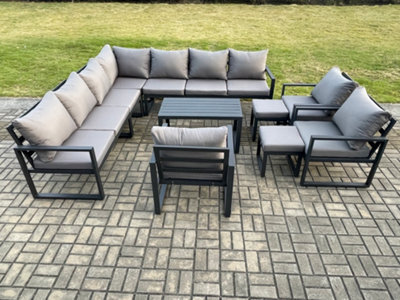 Fimous Aluminium Outdoor Garden Furniture Set Lounge Corner Sofa 3 Pcs Chair Oblong Coffee Table Sets With 2 Small Footstools