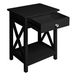 01 Black Wooden Sofa Side Table With Shelf & Drawer Bedside Table Cabinet Storage Stand - thumbnail 3