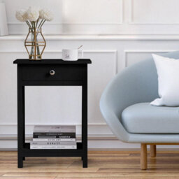 01 Black Wooden Sofa Side Table With Shelf & Drawer Bedside Table Cabinet Storage Stand - thumbnail 1