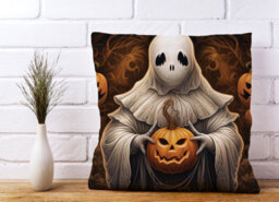 Warren Reed Designer Spooky White Ghost Holding Pumpkin Cushions 60Cm X 60Cm - thumbnail 2