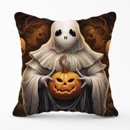 Warren Reed Designer Spooky White Ghost Holding Pumpkin Cushions 60Cm X 60Cm - thumbnail 1