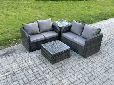 Fimous Rattan Sofa Set Outdoor Garden Furniture Set With Square Coffee Table Loveseat Sofa Side Table Dark Grey Mixed - image 1