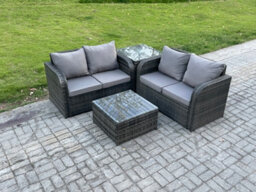 Fimous Rattan Sofa Set Outdoor Garden Furniture Set With Square Coffee Table Loveseat Sofa Side Table Dark Grey Mixed - thumbnail 1
