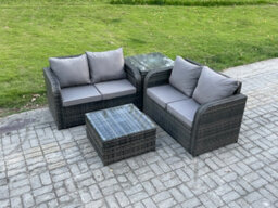 Fimous Rattan Sofa Set Outdoor Garden Furniture Set With Square Coffee Table Loveseat Sofa Side Table Dark Grey Mixed - thumbnail 2