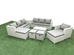 Fimous Rattan Garden Furniture Set 8 Pieces Outdoor Garden Sofa Chair Coffee Table Set 4 Stools Light Grey - thumbnail 2