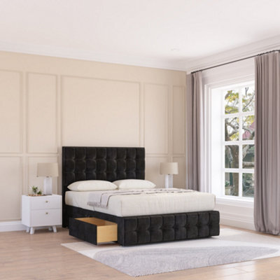 "Sloomy 4Ft Berlin Divan Bed Base Black Plush ,2 Drawers, 12"" Footboard & 26"" Struts Headboard - Small Double" - image 1