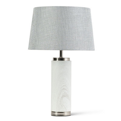 Lighting Supermarket Cylinder Ash Grey Wood Print/silver Table Lamp With Grey Linen Shade - image 1