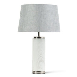 Lighting Supermarket Cylinder Ash Grey Wood Print/silver Table Lamp With Grey Linen Shade - thumbnail 1