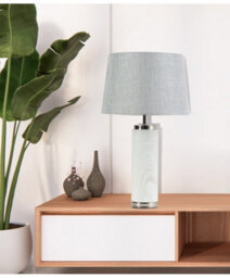 Lighting Supermarket Cylinder Ash Grey Wood Print/silver Table Lamp With Grey Linen Shade - thumbnail 7