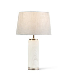 Lighting Supermarket Cylinder Ash Grey Wood Print/silver Table Lamp With Grey Linen Shade - thumbnail 2