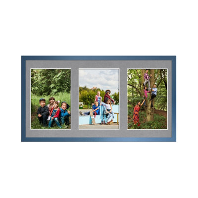 AK Frames 40X20Cm Navy Blue Sleek Multi Photo Frame With Mid Grey Mount - Holds 3 Apertures (3X) 6X4 Photos - image 1