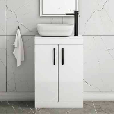 Royal Bathrooms 600mm Floor Standing Vanity Unit 2 Door Gloss White & Countertop Basin - Elva With Matt Black Handle - image 1