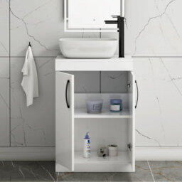 Royal Bathrooms 600mm Floor Standing Vanity Unit 2 Door Gloss White & Countertop Basin - Elva With Matt Black Handle - thumbnail 3
