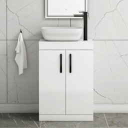 Royal Bathrooms 600mm Floor Standing Vanity Unit 2 Door Gloss White & Countertop Basin - Elva With Matt Black Handle - thumbnail 1