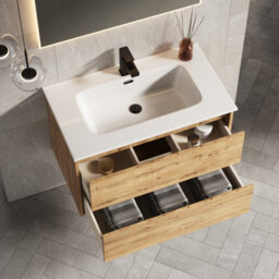 Banyetti Venti 800mm Wall Hung Vanity Unit With Athena Basin - Ostippo Oak - thumbnail 3