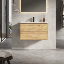 Banyetti Venti 800mm Wall Hung Vanity Unit With Athena Basin - Ostippo Oak - thumbnail 1