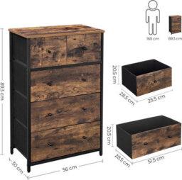 Songmics Chest Of Drawers, Fabric 5-Drawer Storage Organiser Unit, Dresser, For Room, Hallway, Nursery, Rustic Brown & Black - thumbnail 2