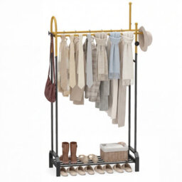Gainoom Double Rods Garment Rack For Hanging Clothes Freestanding Clothing Rack With 5 Hooks And Bottom Storage Shelf - thumbnail 5