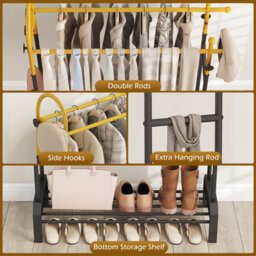Gainoom Double Rods Garment Rack For Hanging Clothes Freestanding Clothing Rack With 5 Hooks And Bottom Storage Shelf - thumbnail 7