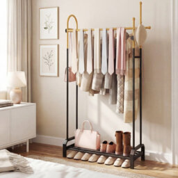 Gainoom Double Rods Garment Rack For Hanging Clothes Freestanding Clothing Rack With 5 Hooks And Bottom Storage Shelf - thumbnail 3