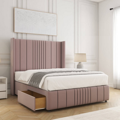 Bsspoke Elise Divan Bed Set Pink Plush Velvet 54Inch Headboard & Footboard 2 Drawers Footend & No Mattress In All Sizes - image 1