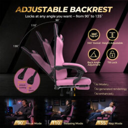 Luckracer Fabric Gaming Chair With Footrest Ergonomic Computer Chair Home Office High Back Heavy Duty Pc Chairs, Pink - thumbnail 6