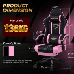 Luckracer Fabric Gaming Chair With Footrest Ergonomic Computer Chair Home Office High Back Heavy Duty Pc Chairs, Pink - thumbnail 3