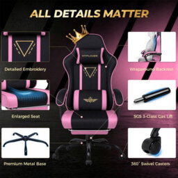 Luckracer Fabric Gaming Chair With Footrest Ergonomic Computer Chair Home Office High Back Heavy Duty Pc Chairs, Pink - thumbnail 8