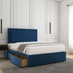REGIONAL FURNISHINGS Divan Bed Set Blue Plush Velvet Upholstered 24Inch Headboard 2Drawersfootend & Mattress In Double King 4Ft 6Ft Sizes
