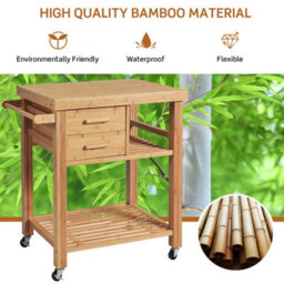 Gainoom Rolling Bamboo Kitchen Island Cart Kitchen Trolley Cart Multi-Purpose Serving Cart On Lockable Wheels - thumbnail 5