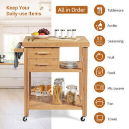 Gainoom Rolling Bamboo Kitchen Island Cart Kitchen Trolley Cart Multi-Purpose Serving Cart On Lockable Wheels - thumbnail 7