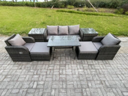 Fimous Outdoor Garden Furniture Sets 8 Pieces Wicker Rattan Furniture Sofa Sets With Rectangular Dining Table 2 Big Footstool - thumbnail 1