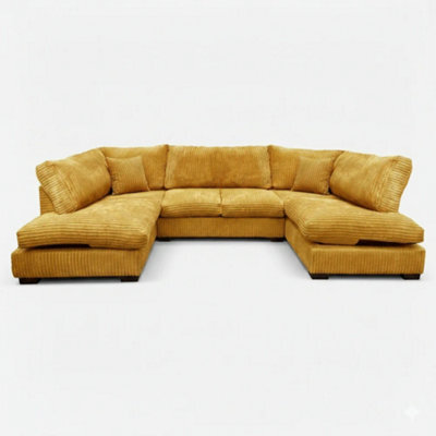 BlissFurniture Ltd Jumbo Cord U Shaped Full Back Sofa In Mustard Colour Large 6&7 Seater With Supportive Memory Foam Seating