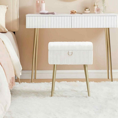 Rectangular Dressing Table Stool With Storage, Upholstered Ottoman, Metal Legs, Adjustable Feet, Cream White - image 1
