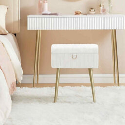 Rectangular Dressing Table Stool With Storage, Upholstered Ottoman, Metal Legs, Adjustable Feet, Cream White