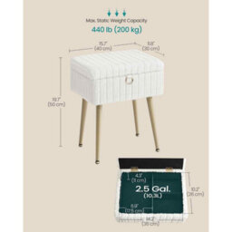 Rectangular Dressing Table Stool With Storage, Upholstered Ottoman, Metal Legs, Adjustable Feet, Cream White - thumbnail 2