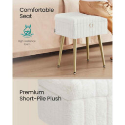 Rectangular Dressing Table Stool With Storage, Upholstered Ottoman, Metal Legs, Adjustable Feet, Cream White - thumbnail 3