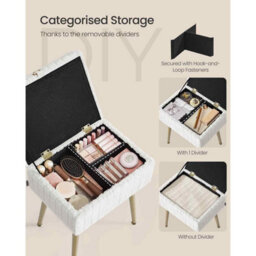 Rectangular Dressing Table Stool With Storage, Upholstered Ottoman, Metal Legs, Adjustable Feet, Cream White - thumbnail 4