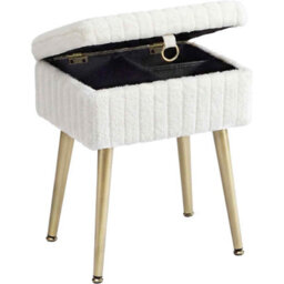 Rectangular Dressing Table Stool With Storage, Upholstered Ottoman, Metal Legs, Adjustable Feet, Cream White - thumbnail 6