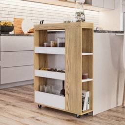 Urbn-Living Urbnliving 85Cm Height 4 Tier Slim White & Oak Wooden Rolling Portable Kitchen Trolley Cart Veg Storage