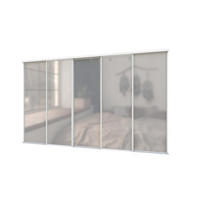 A-Class Sliding Doors Set Of 5 Full Length Mirror Sliding Wardrobe Door Kit In White Frame & Tracks, Opening Height (H) 225-226Cm & Width (W) 295-296Cm - image 1