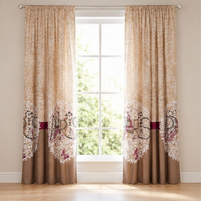 "Smart Living Oooh La La Curtains Pair With Tie Backs - Eiffel Tower Print- Natural - 66""x72""" - image 1