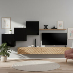 Switch Lamel X Modern Living Room Wall Unit With Cabinets And Shelving Black Top Wotan Bottom Bortaberg - thumbnail 1