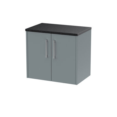Nuie Hudson Reed Juno Wall Hung 2-Door Vanity Unit & Black Worktop, Stylish Countertop Basin Unit In Coastal Grey, 600mm - image 1