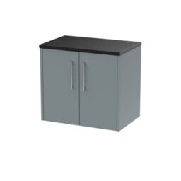 Nuie Hudson Reed Juno Wall Hung 2-Door Vanity Unit & Black Worktop, Stylish Countertop Basin Unit In Coastal Grey, 600mm - thumbnail 1