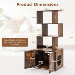 Costway 142Cm Tall Cat Litter Box Enclosure Indoor Pet House Corner Bookshelf-Brown - thumbnail 3