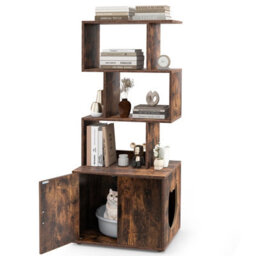 Costway 142Cm Tall Cat Litter Box Enclosure Indoor Pet House Corner Bookshelf-Brown - thumbnail 2