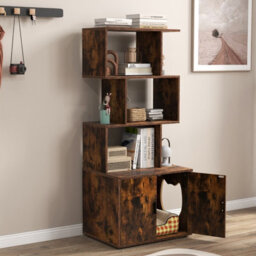 Costway 142Cm Tall Cat Litter Box Enclosure Indoor Pet House Corner Bookshelf-Brown - thumbnail 5