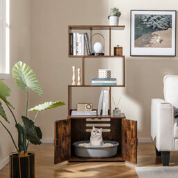 Costway 142Cm Tall Cat Litter Box Enclosure Indoor Pet House Corner Bookshelf-Brown - thumbnail 4